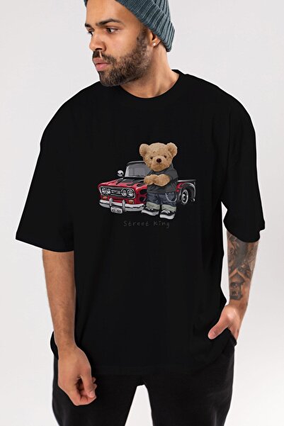 Ankhises Teddy Bear Street King Front Štampano Crna Oversize kroj T-shirt Muš...