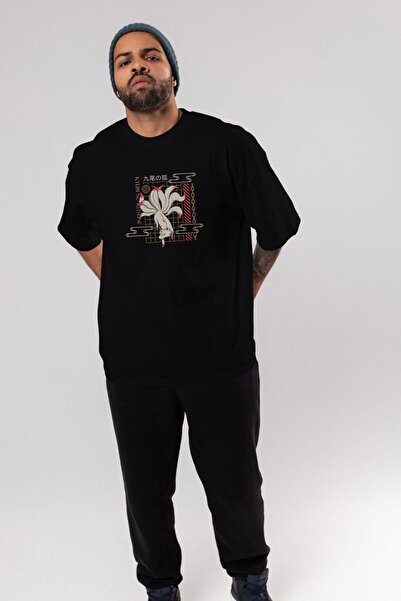 Ankhises Kyubi No Kitsune Front Štampano Crna Oversize kroj T-shirt Unisex Mu...
