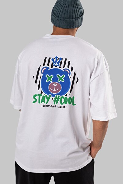 Ankhises Stay Cool Bear Back Štampano Bela Oversize kroj T-shirt Unisex Muška...