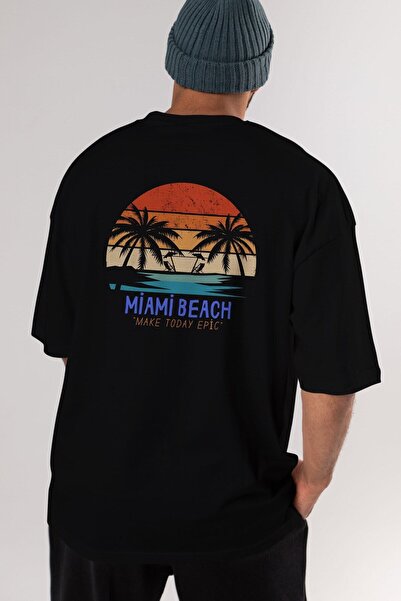 Ankhises Miami Beach Written Back Štampano Crna Oversize kroj T-shirt Muškarc...