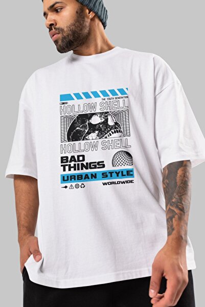 Ankhises Šuplja prednja strana Štampano bela Oversize kroj T-shirt unisex muš...