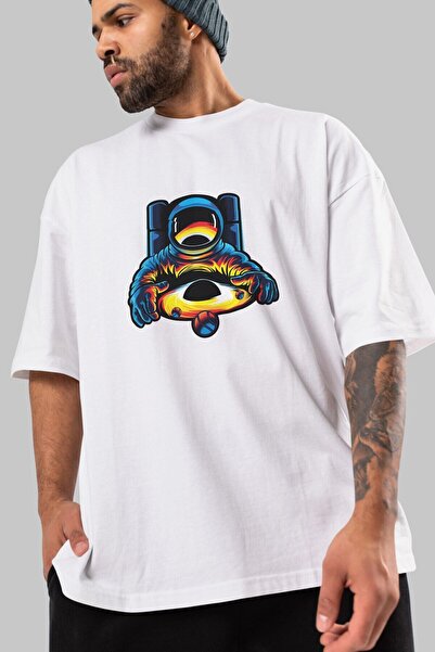 Ankhises Unisex Muškarci Žene Beli Oversize kroj T-shirt - Astronaut i Crna R...