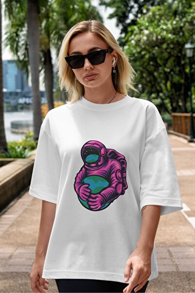 Ankhises Bela Oversize kroj T-shirt - Astronaut okrugla kragna, Unisex Muškar...
