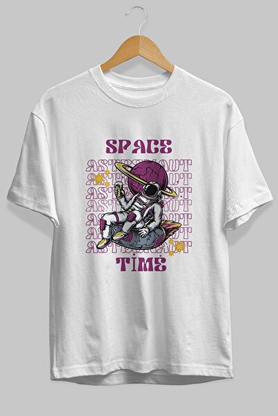 Ankhises Svemir Vreme Astronaut Prednja Štampano Bela Oversize kroj T-shirt M...