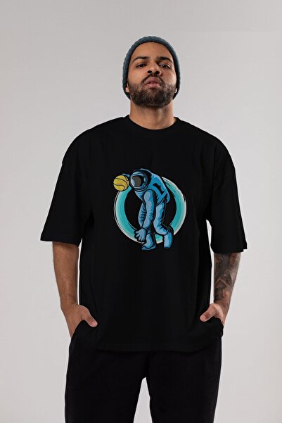 Ankhises Astronaut Dribble Front Štampano Crna Oversize kroj T-shirt Unisex M...