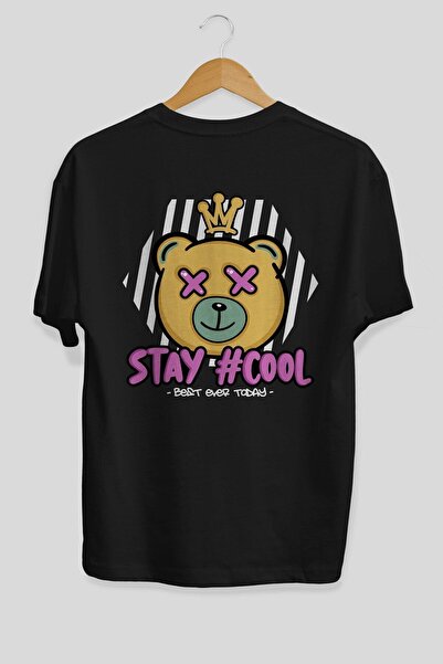 Ankhises Stay Cool Bear Back Štampano Crna Oversize kroj T-shirt Unisex Muška...