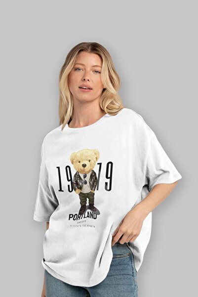 Ankhises Teddy Bear Portland μπροστινό εμπριμέ λευκό μπλουζάκι υπερμεγέθη ανδ...