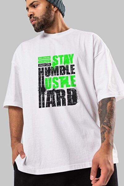 Ankhises Stay Hustle Front Štampano Bela Oversize kroj T-shirt Unisex Muškarc...