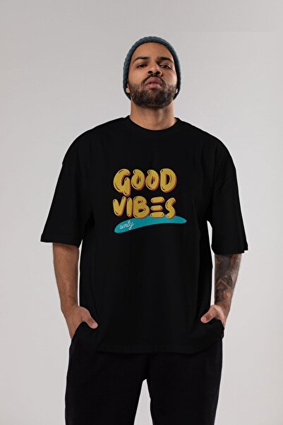 Ankhises Good Vibes Front Štampano Black Oversize kroj T-shirt Unisex Muškarc...