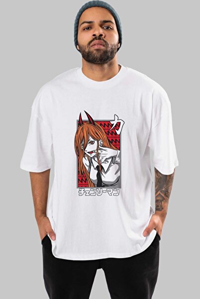 Ankhises CHAINSAWMAN POWER Anime Prednja strana Štampano Bela Oversize kroj T...