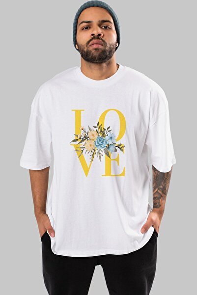 Ankhises Love Flower μπροστινό εμπριμέ λευκό μπλουζάκι Oversize Ανδρικό γυναι...
