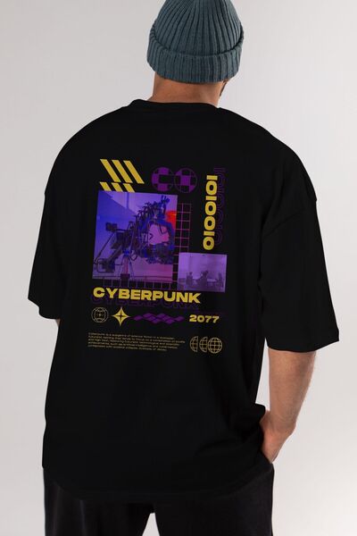 Ankhises Cyberpunk Letter Back Printed Μαύρο μπλουζάκι Oversize Ανδρικό γυναι...