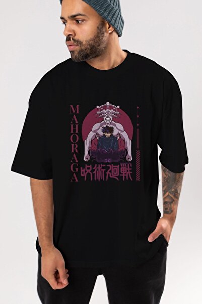 Ankhises Tricou Mahoraga cu imprimeu frontal negru oversize, unisex, bărbați ...