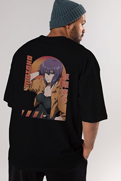 Ankhises Motoko Kusanagi 9 Anime Leđa Štampano Crna Oversize kroj T-shirt Muš...