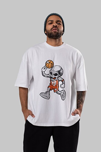 Ankhises Κρανίο μπάσκετ μπροστά με στάμπα λευκό μπλουζάκι υπερμεγέθη Unisex α...