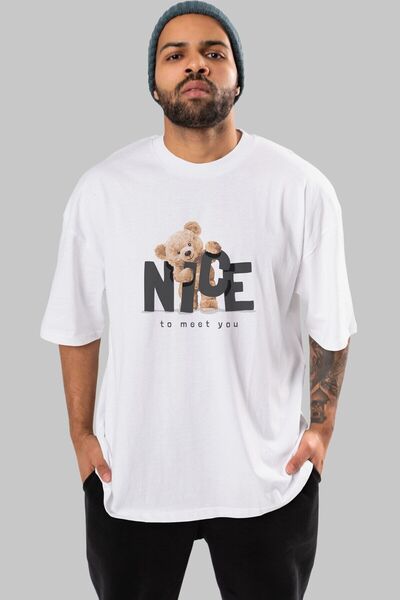 Ankhises Teddy Nice To Meet You Μπροστινό εμπριμέ λευκό μπλουζάκι υπερμεγέθη ...