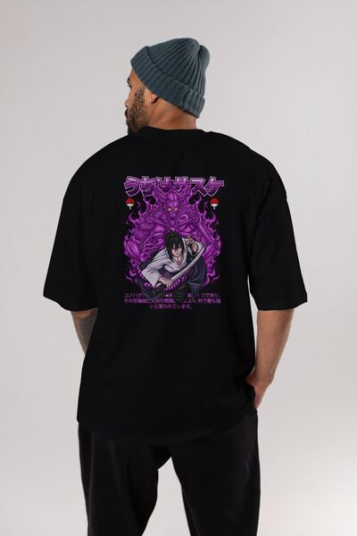 Ankhises SASUKE UCHIHA NARUTO Tricou negru oversize cu imprimeu pe spate Bărb...