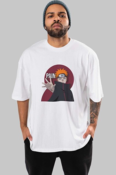 Ankhises PAIN NARUTO Anime Prednja strana Štampano Bela Oversize kroj T-shirt...