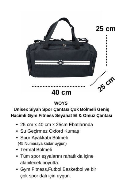 woys Unisex Siyah Bölmeli Sporcu Çantası