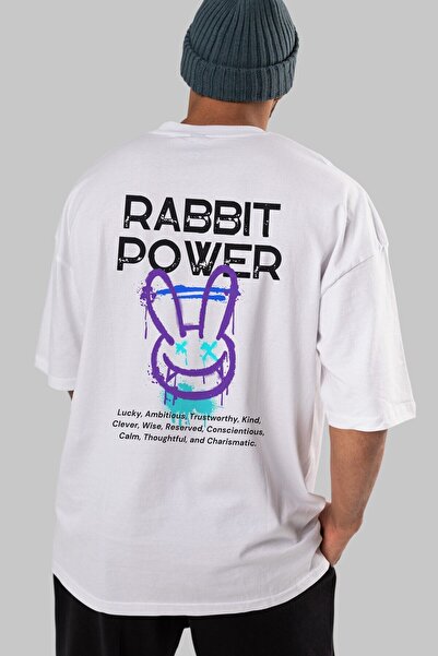 Ankhises Rabbit Power Written Back Štampano Beli Oversize kroj T-shirt Muškar...