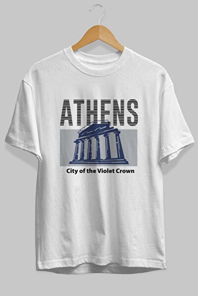 Ankhises Athens μπροστινό εμπριμέ λευκό μπλουζάκι υπερμεγέθη Unisex ανδρικό γ...