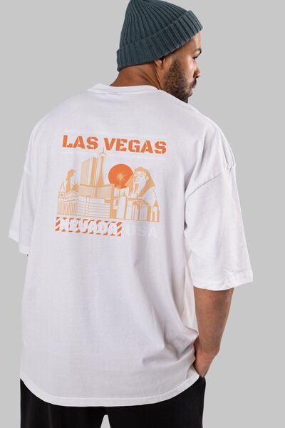 Ankhises Las Vegas Back Štampano Bela Oversize kroj T-shirt Unisex Muškarci Ž...