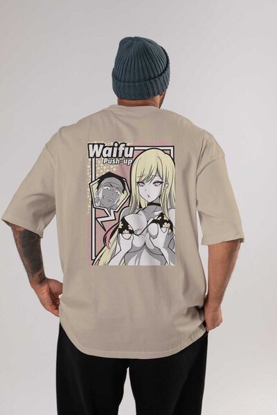 Ankhises Μπλουζάκι Waifu PushUp Anime Back Printed Beige Oversize 100% βαμβάκ...