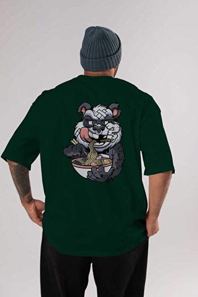 Ankhises Panda Ramen Leđa Štampano Smaragdno Zelena Oversize kroj T-shirt Muš...