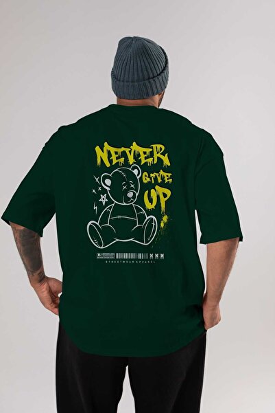Ankhises Teddy Bear Never Give Up Back Imprimat Verde Smarald Tricou oversize...