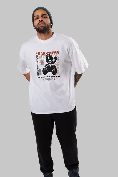 Ankhises Happiness Bear Front Štampano Bela Oversize kroj T-shirt Unisex Mušk...
