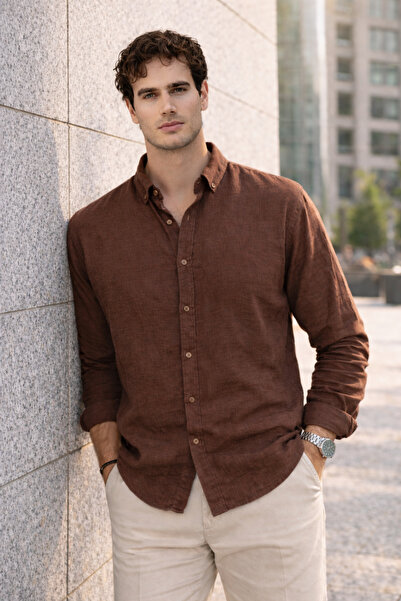 Valiberta Pera Kumaş Λινό Görünümlü Yarım oversized Ανδρικό πουκάμισο με μακρ...