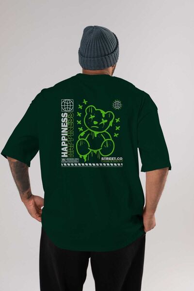 Ankhises Srećni medved 3 leđa Štampano smaragdno zelena Oversize kroj T-shirt...