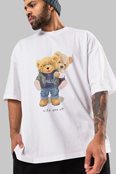 Ankhises Teddy Bear Lift You Up Μπροστινό εμπριμέ λευκό μπλουζάκι υπερμεγέθη ...