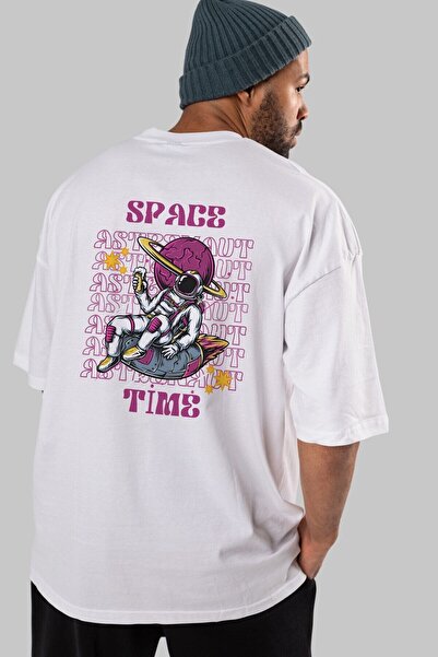 Ankhises Svemir Vreme Astronaut Leđa Štampano Bela Oversize kroj T-shirt Mušk...