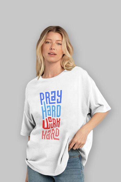 Ankhises Pray Hard Work Σκληρό μπροστινό εμπριμέ λευκό μπλουζάκι υπερμεγέθη α...
