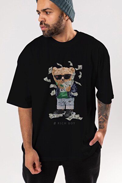 Ankhises Medvedić Bogat Dečko Prednja Štampano Crna Oversize kroj T-shirt Muš...