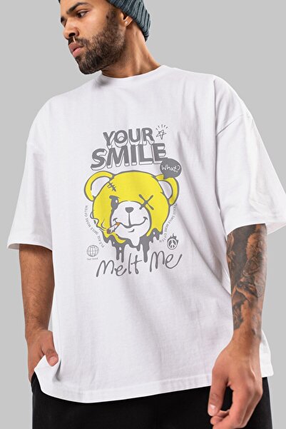 Ankhises Tvoj osmeh medved prednja strana Štampano bela Oversize kroj T-shirt...