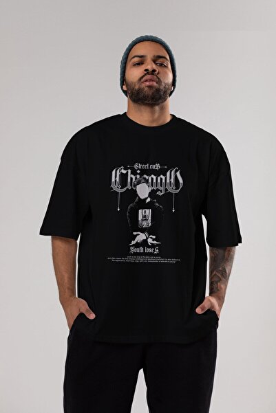 Ankhises Chicago Street Club Štampano Crna Oversize kroj Unisex T-shirt - okr...