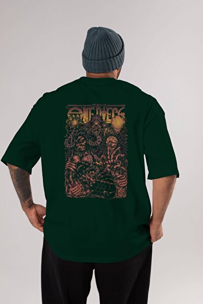Ankhises ONE PIECE Anime Back Štampano Emerald Green Oversize kroj T-shirt Pa...