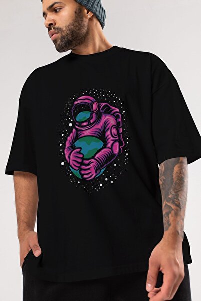 Ankhises Unisex Muškarci Žene Oversize kroj Crna T-shirt - Astronaut okrugla ...