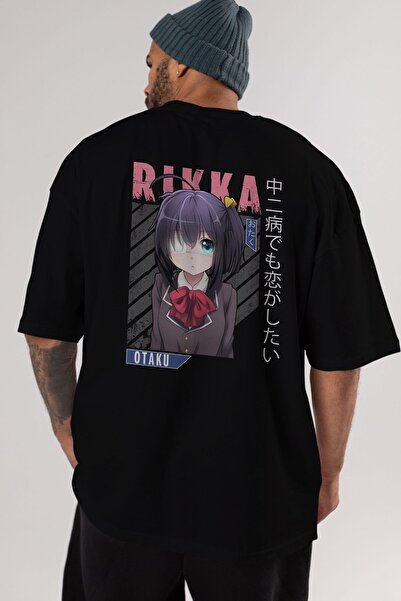 Ankhises Rikka Takanashi 9 Anime Leđa Štampano Crna Oversize kroj T-shirt Muš...