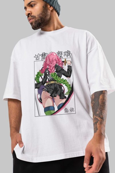 Ankhises Mitsuri Demonslayer Anime Front Printed White Oversized t-shirt for Men and Women
