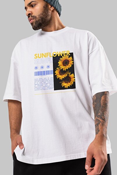 Ankhises Prednja strana suncokreta Štampano Bela Oversize kroj T-shirt Muškar...