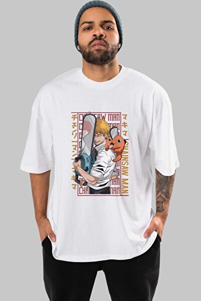 Ankhises Αλυσοπρίονο DENJI Anime Μπροστινό εμπριμέ Λευκό μπλουζάκι Oversize Α...