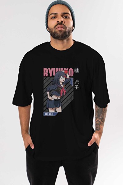 Ankhises Ryuuko Matoi 6 Anime μπροστινό εμπριμέ μαύρο μπλουζάκι Oversize Ανδρ...