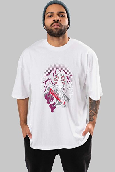 Ankhises Kokushibo Anime Prednja strana Štampano Bela Oversize kroj T-shirt M...