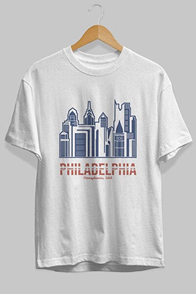Ankhises Philadelphia Front Štampano Bela Oversize kroj T-shirt Unisex Muškar...