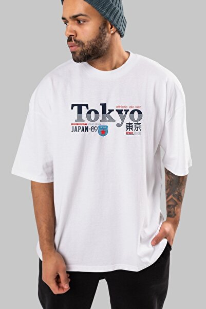 Ankhises Tokyo μπροστινό εμπριμέ λευκό μπλουζάκι υπερμεγέθη Unisex ανδρικό γυ...