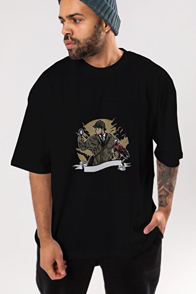 Ankhises Sherlock Holmes Front Štampano Crna Oversize kroj T-shirt Unisex Muš...