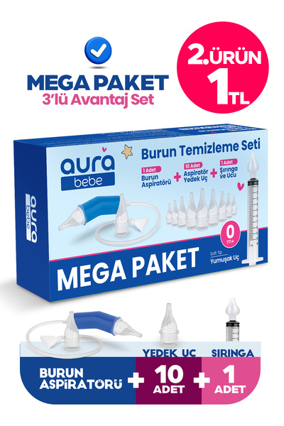 Aura Bebe MEGA PAKET Burun Aspiratörü, 10 Adet Aspiratör Yedek Uç ve Burun Te...